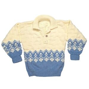 Homemade XL White Blue Chunk Knit Long Sleeve Thick Warm Sweater Button Neck